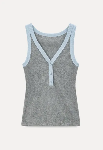 V Neck Button Front Ribbed Knit Tank Top