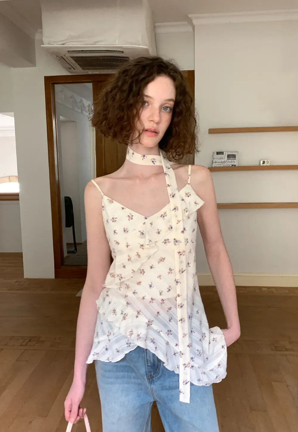 Floral Print Ruffled Asymmetrical Choker Tank Top