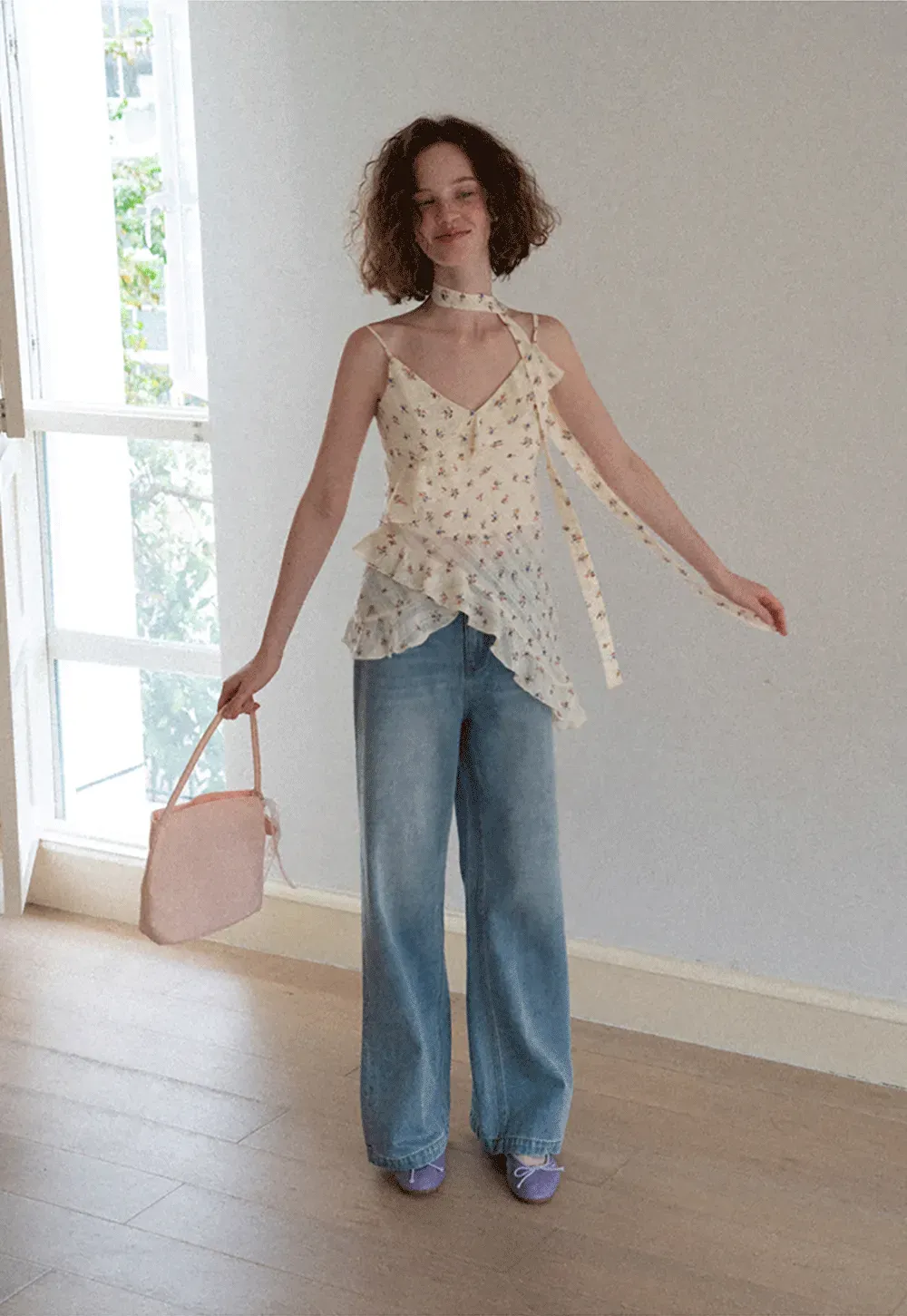 Floral Print Ruffled Asymmetrical Choker Tank Top