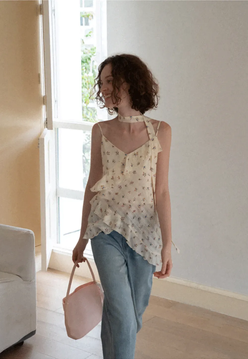 Floral Print Ruffled Asymmetrical Choker Tank Top