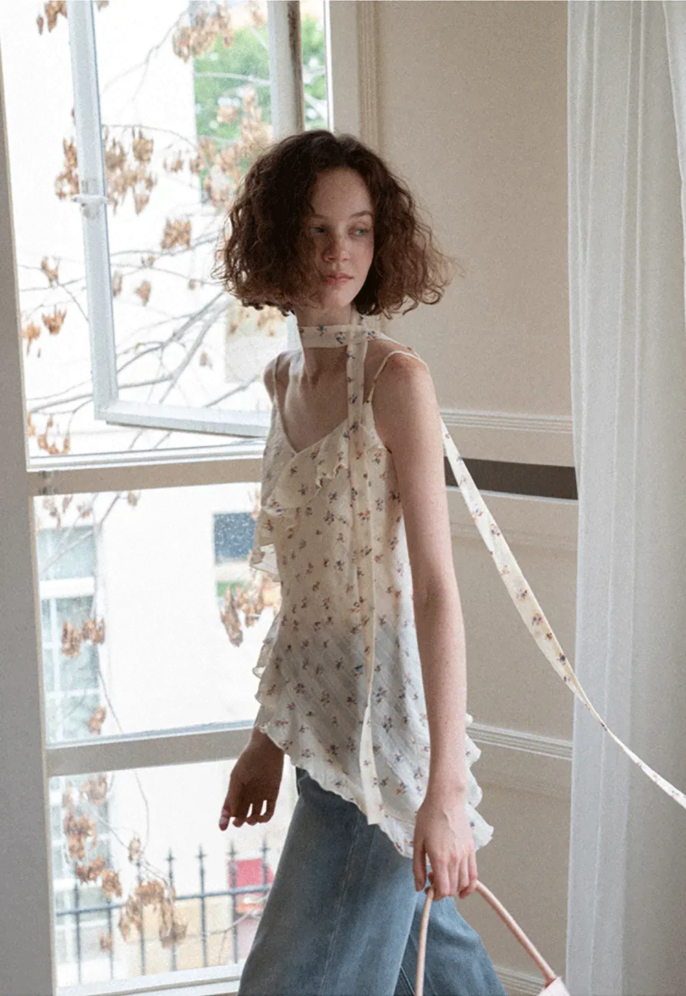 Floral Print Ruffled Asymmetrical Choker Tank Top