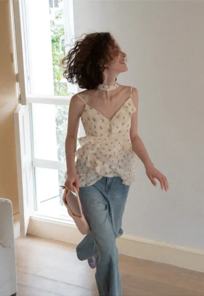 Floral Print Ruffled Asymmetrical Choker Tank Top