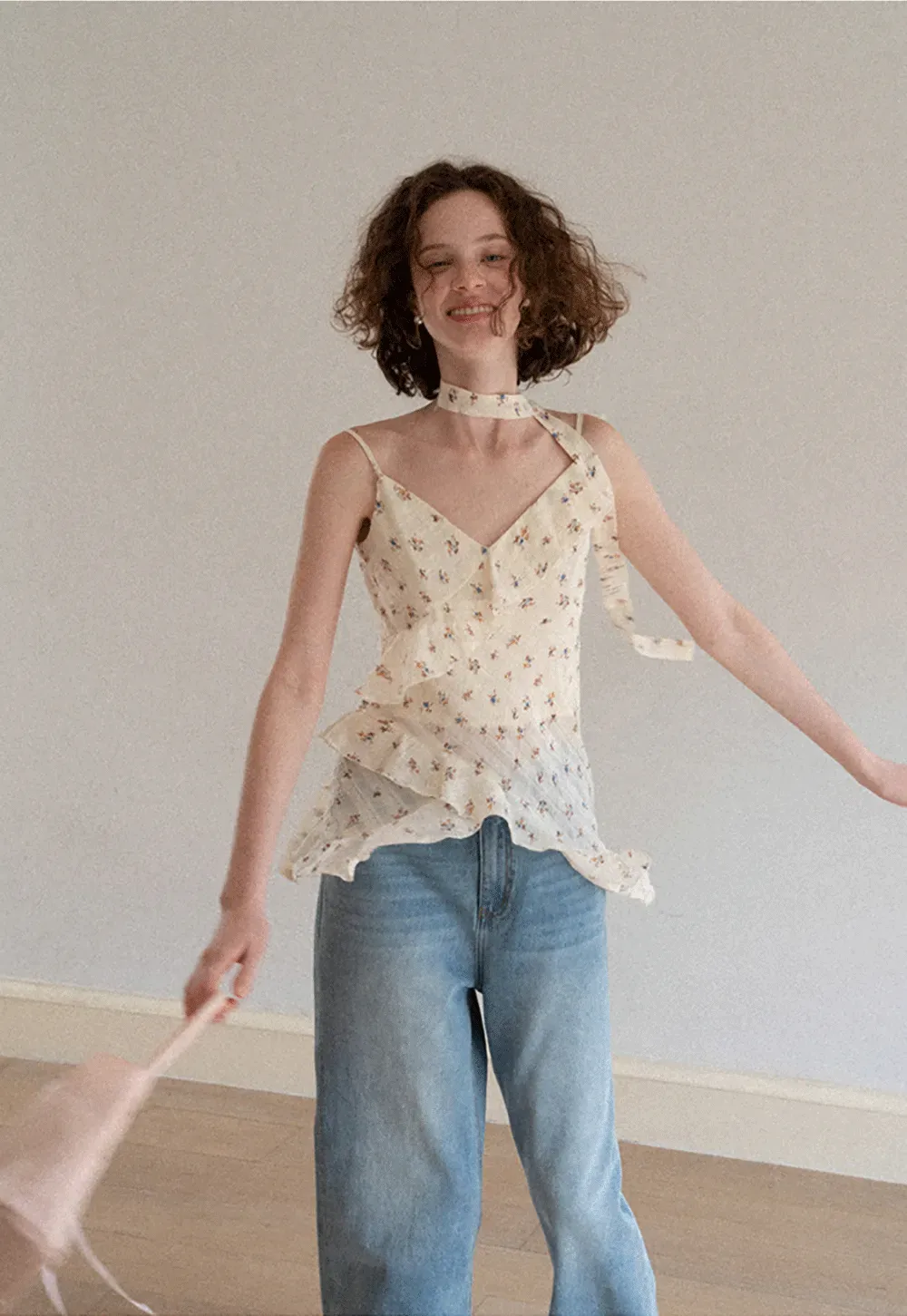 Floral Print Ruffled Asymmetrical Choker Tank Top