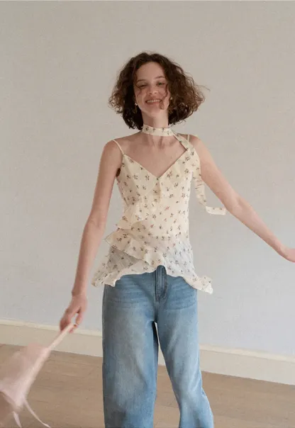 Floral Print Ruffled Asymmetrical Choker Tank Top