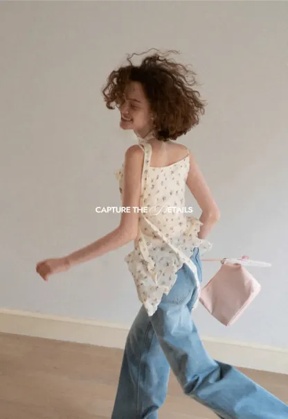 Floral Print Ruffled Asymmetrical Choker Tank Top