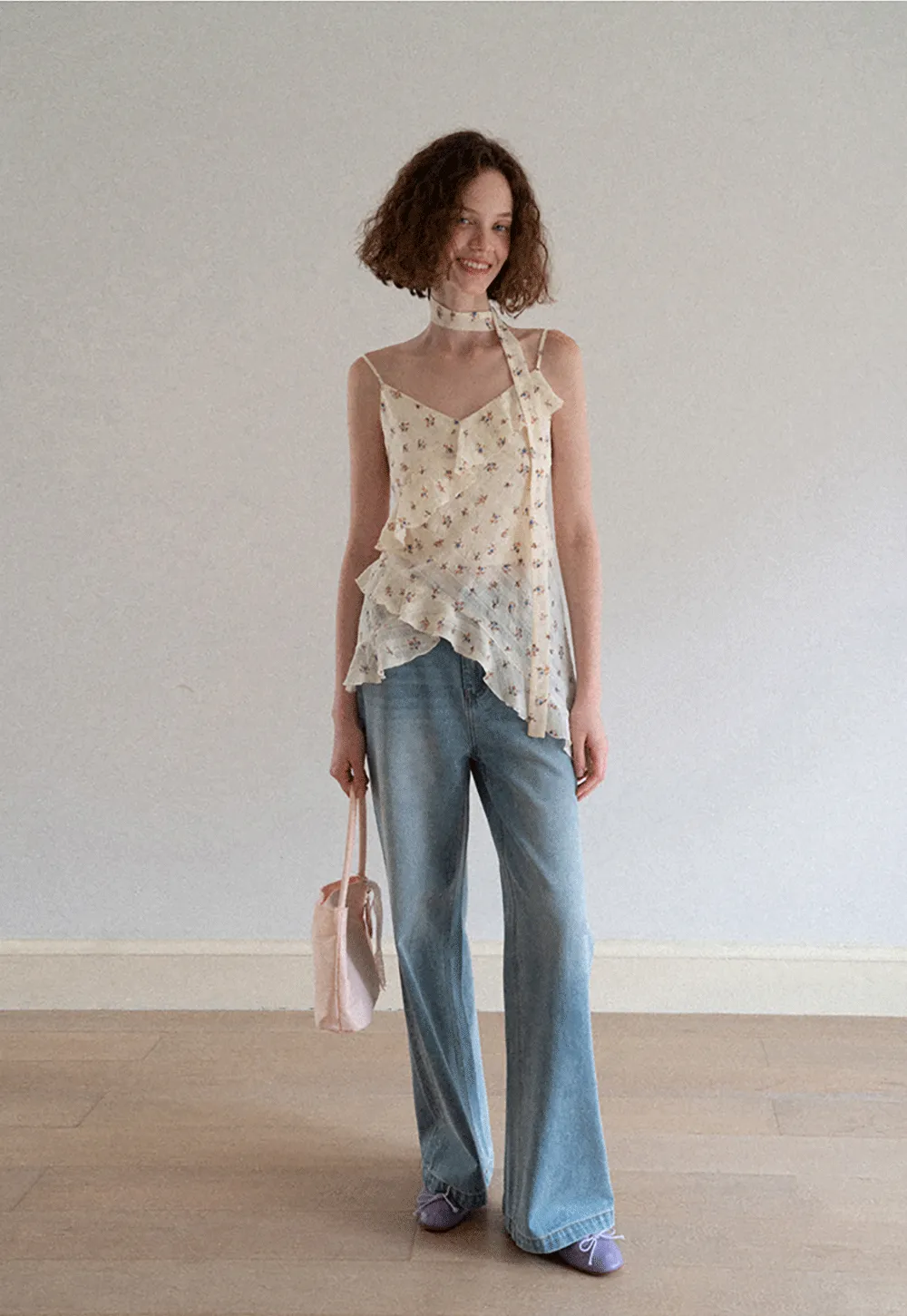 Floral Print Ruffled Asymmetrical Choker Tank Top