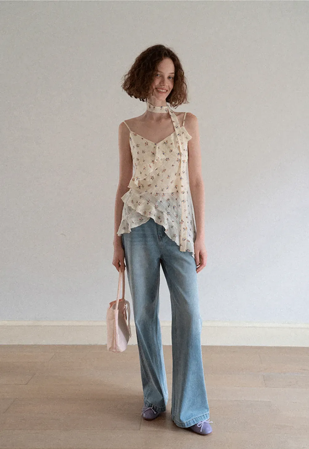 Floral Print Ruffled Asymmetrical Choker Tank Top