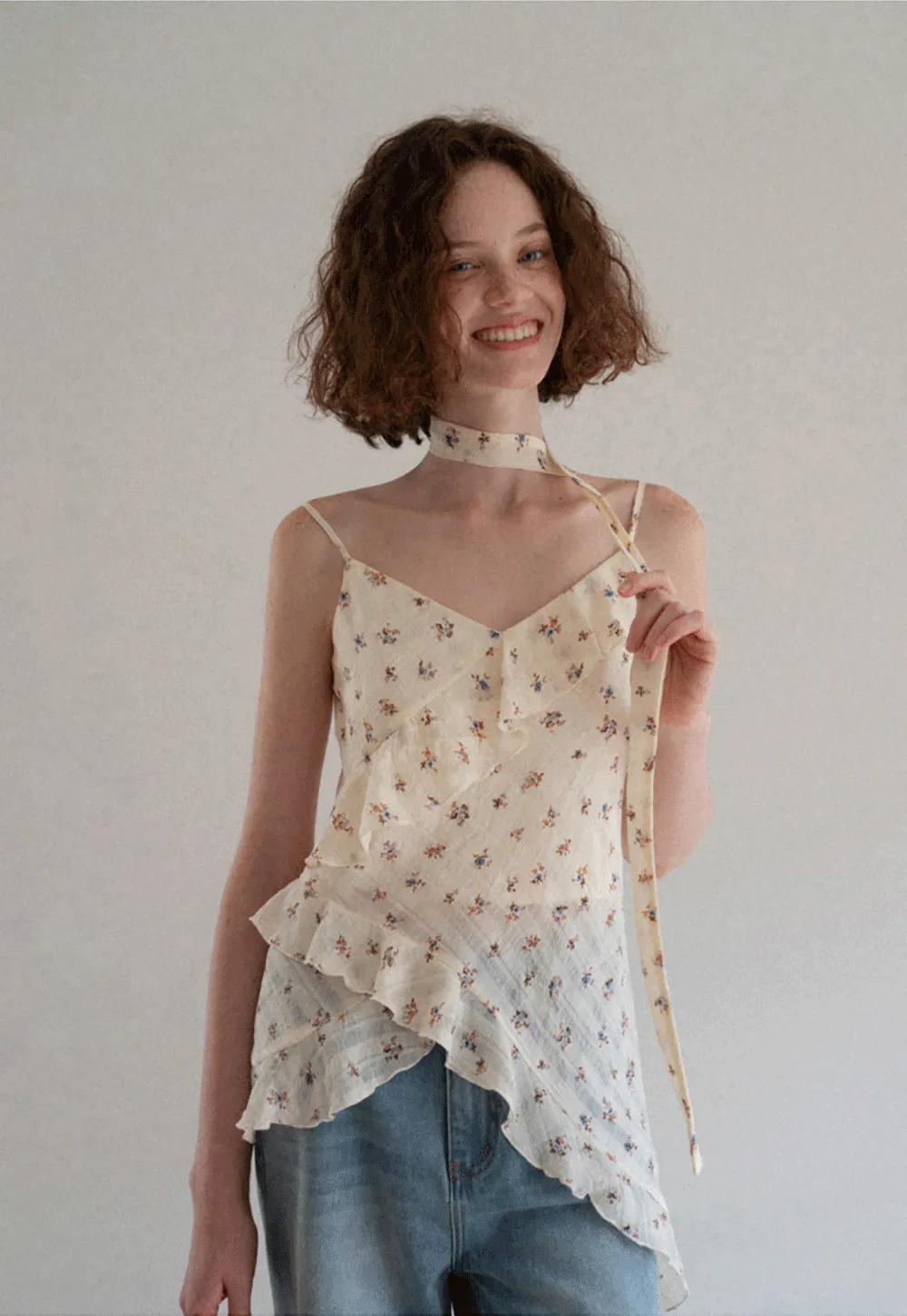 Floral Print Ruffled Asymmetrical Choker Tank Top