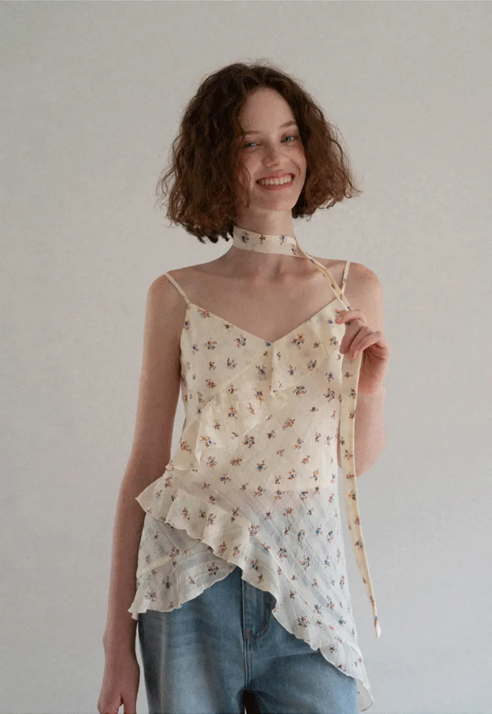 Floral Print Ruffled Asymmetrical Choker Tank Top