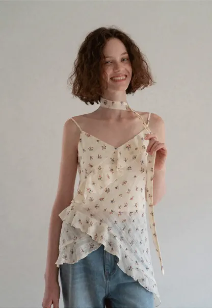 Floral Print Ruffled Asymmetrical Choker Tank Top