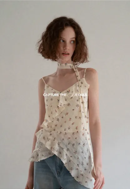 Floral Print Ruffled Asymmetrical Choker Tank Top