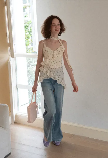 Floral Print Ruffled Asymmetrical Choker Tank Top