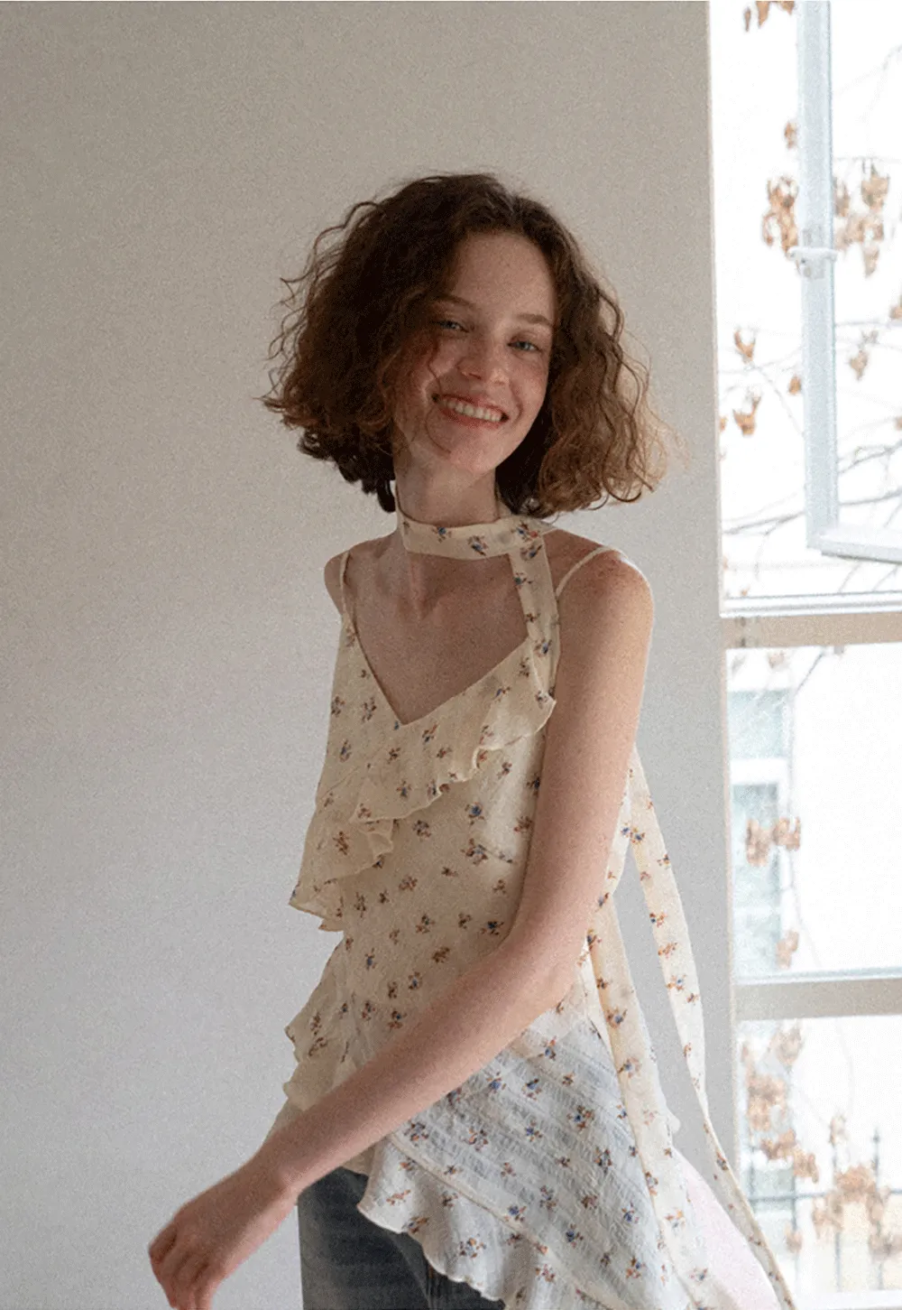 Floral Print Ruffled Asymmetrical Choker Tank Top