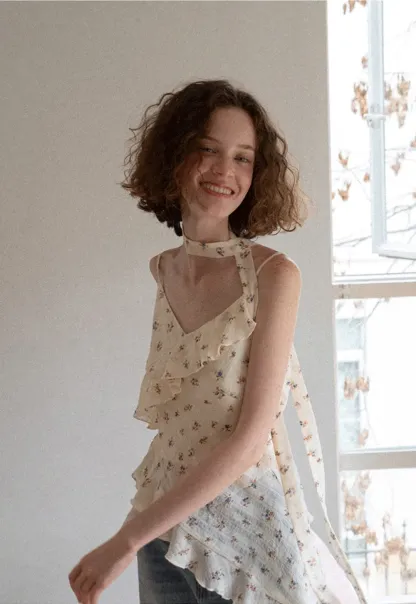 Floral Print Ruffled Asymmetrical Choker Tank Top