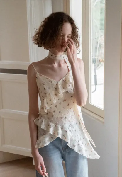 Floral Print Ruffled Asymmetrical Choker Tank Top