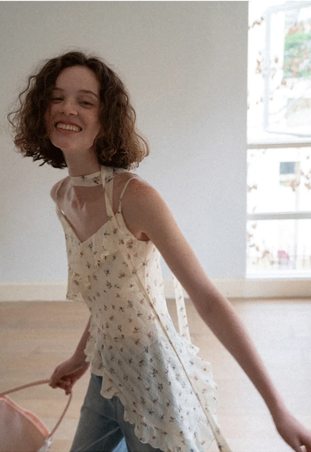 Floral Print Ruffled Asymmetrical Choker Tank Top