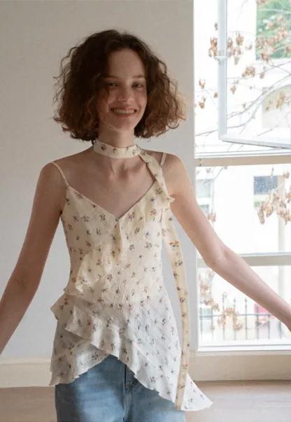 Floral Print Ruffled Asymmetrical Choker Tank Top