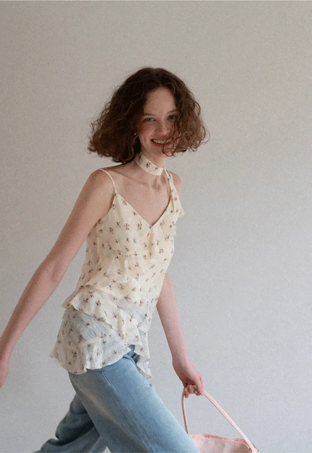 Floral Print Ruffled Asymmetrical Choker Tank Top