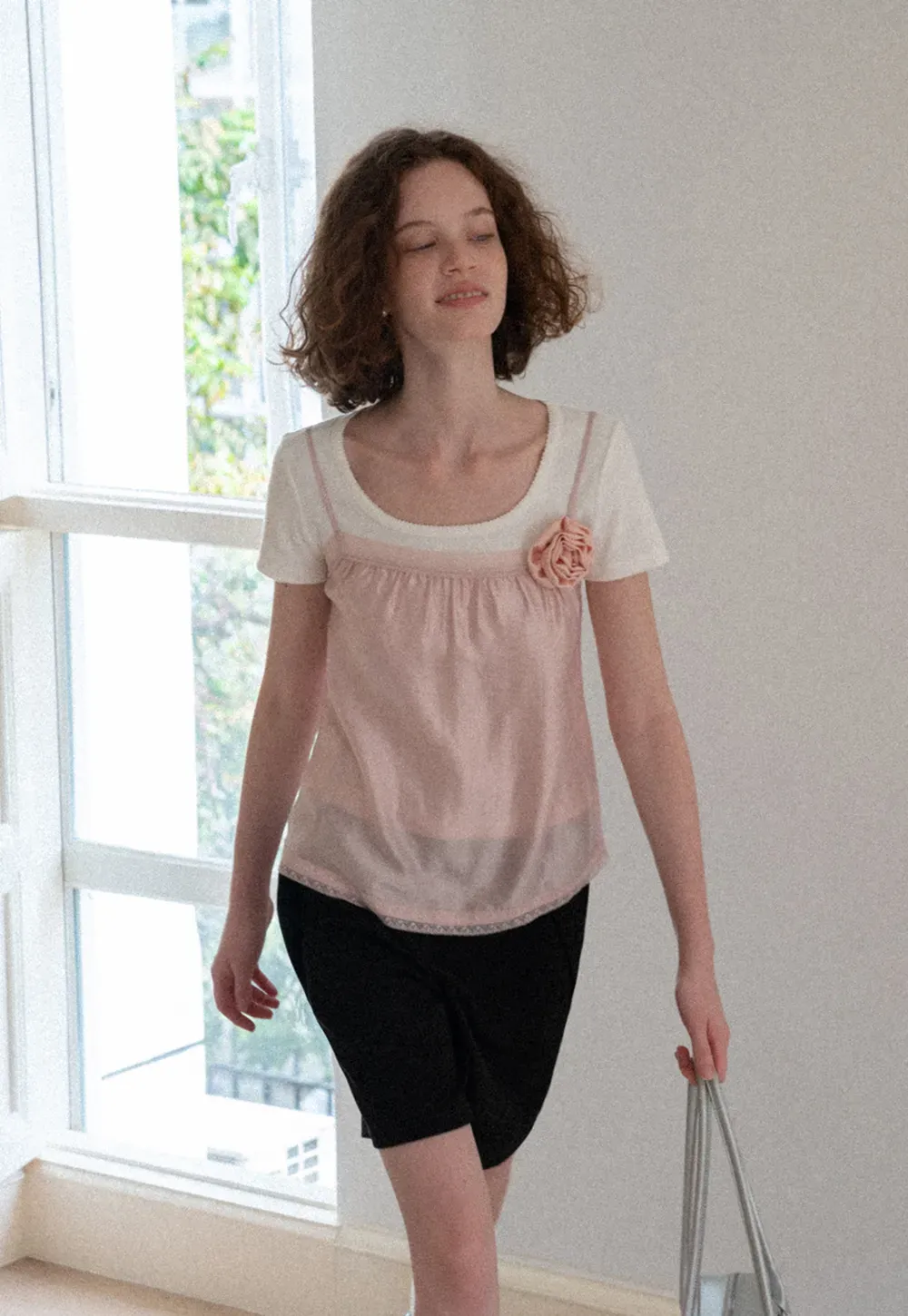 Sheer Layered Top with Floral Applique and Lace Trim