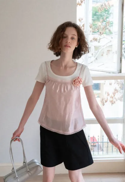 Sheer Layered Top with Floral Applique and Lace Trim