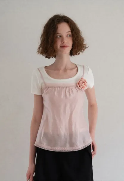 Sheer Layered Top with Floral Applique and Lace Trim