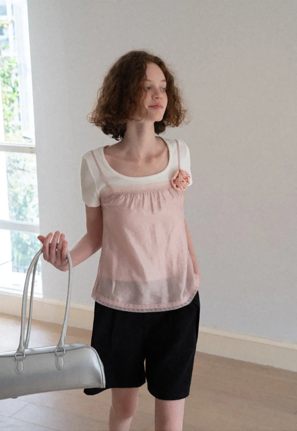 Sheer Layered Top with Floral Applique and Lace Trim