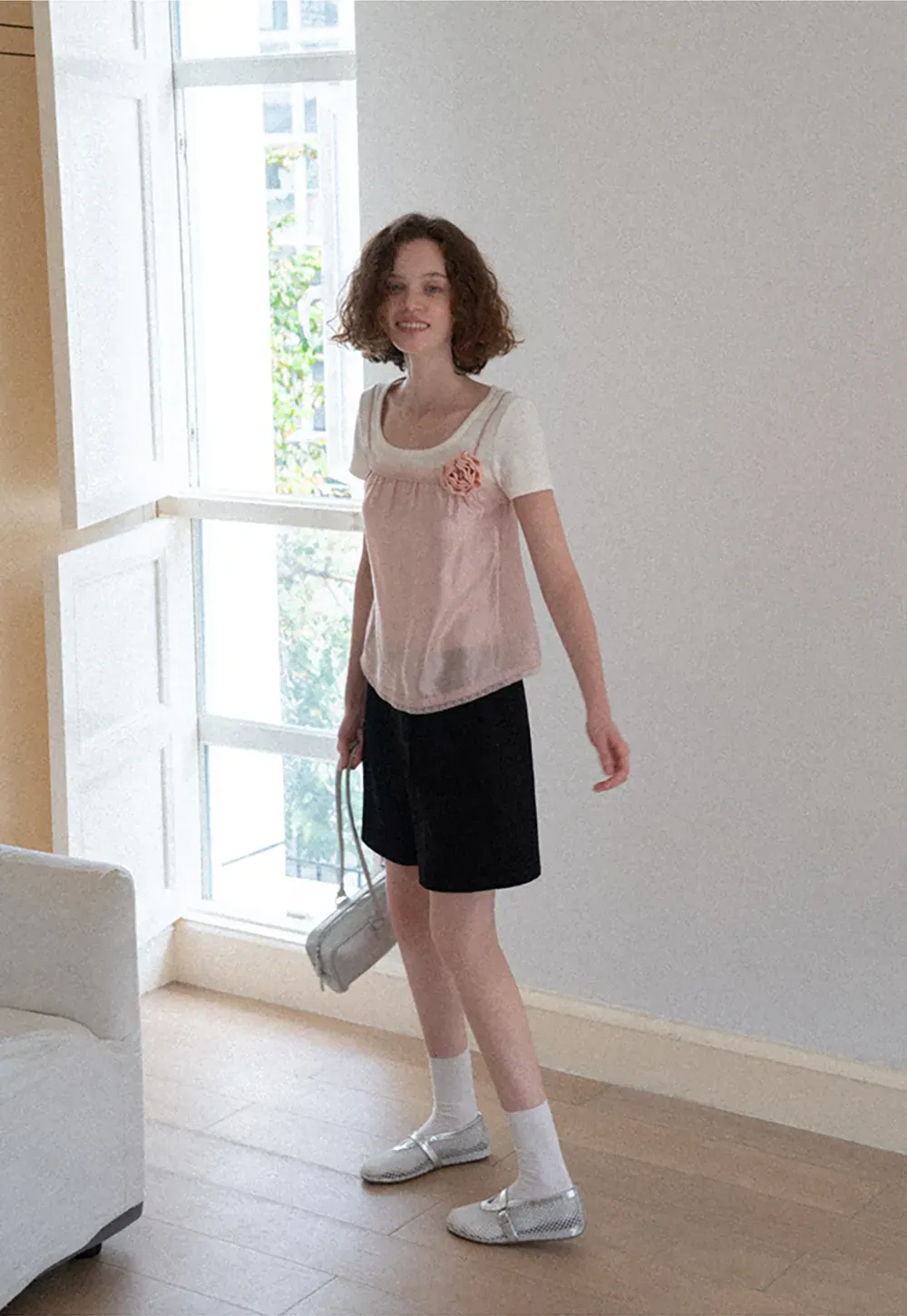 Sheer Layered Top with Floral Applique and Lace Trim