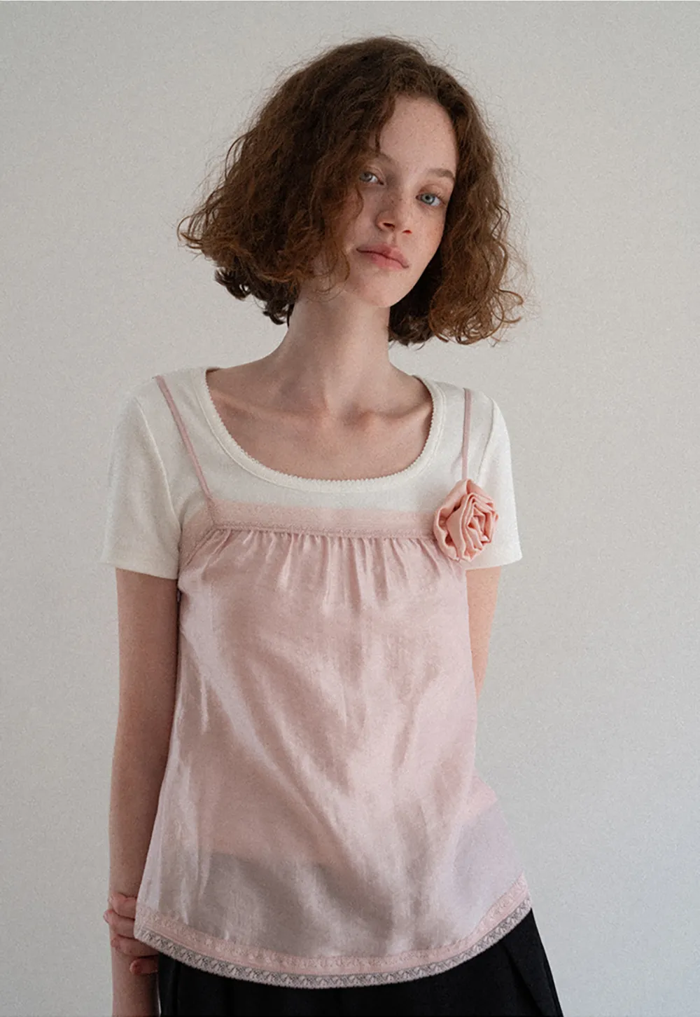 Sheer Layered Top with Floral Applique and Lace Trim