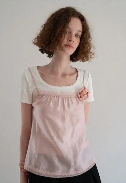 Sheer Layered Top with Floral Applique and Lace Trim