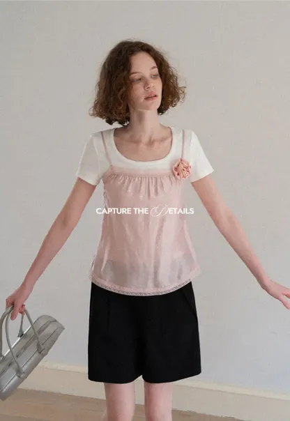 Sheer Layered Top with Floral Applique and Lace Trim