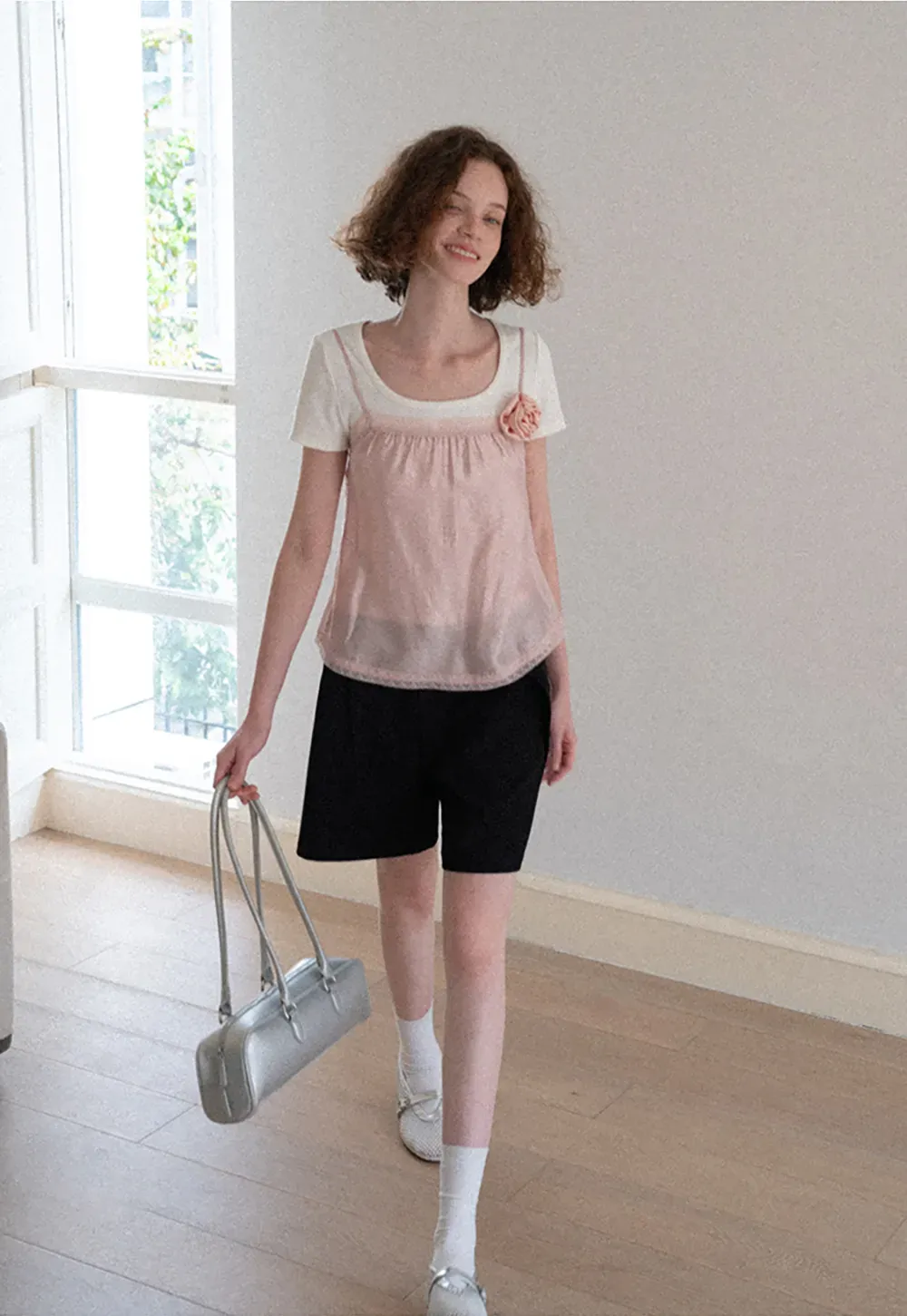 Sheer Layered Top with Floral Applique and Lace Trim