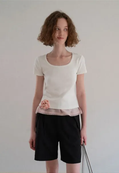 Sheer Layered Top with Floral Applique and Lace Trim