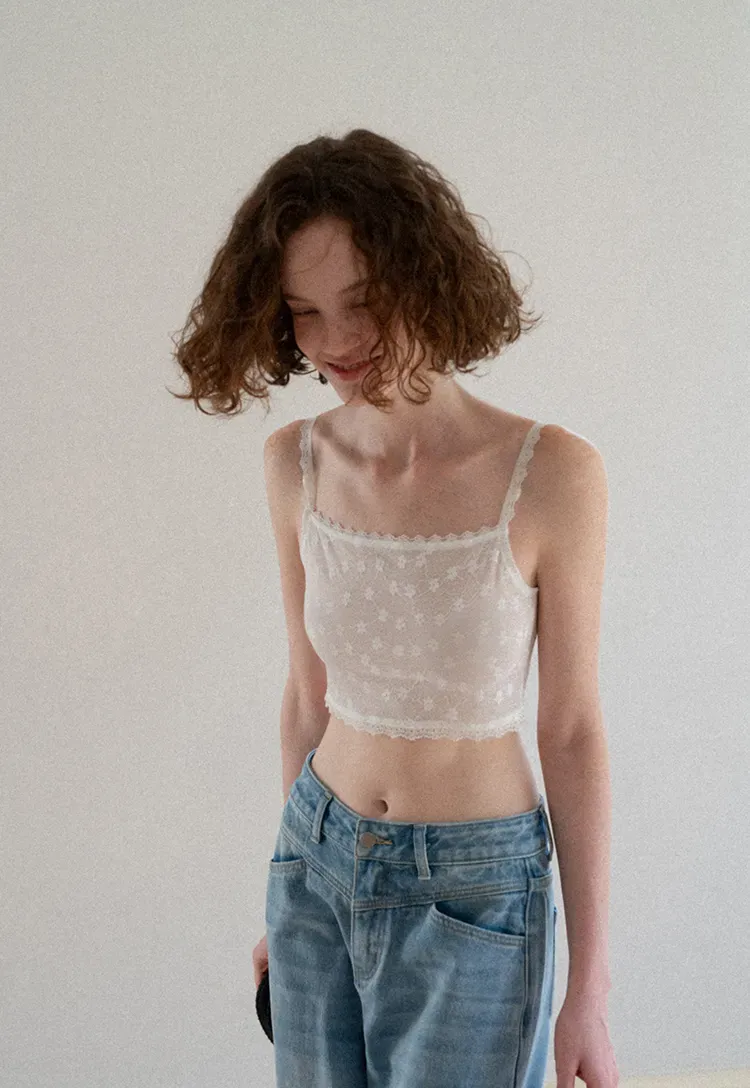 Lace Trim Cropped Floral Embroidered Tank Top
