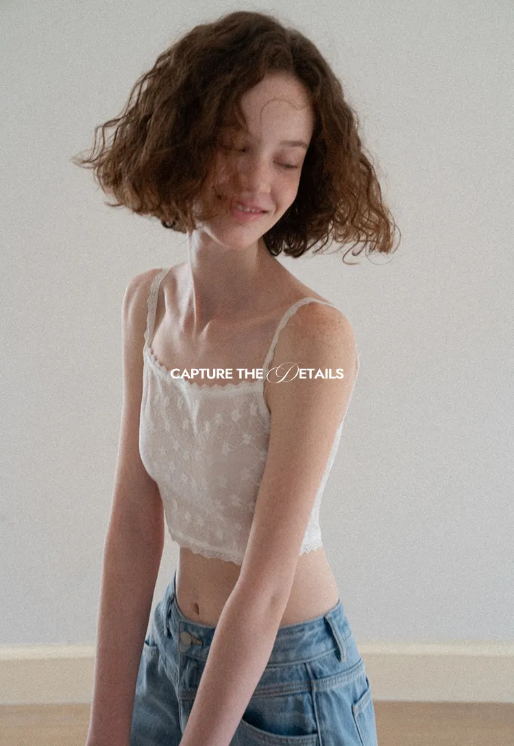 Lace Trim Cropped Floral Embroidered Tank Top