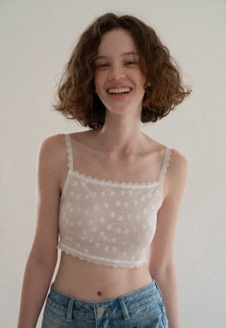Lace Trim Cropped Floral Embroidered Tank Top