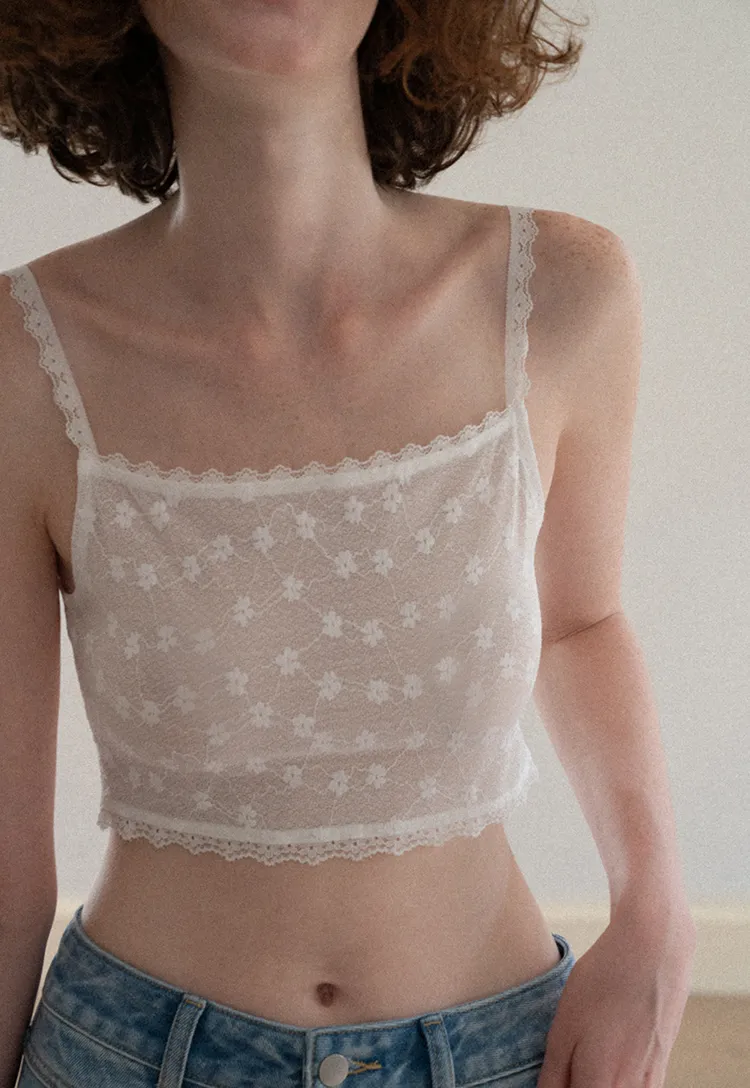 Lace Trim Cropped Floral Embroidered Tank Top