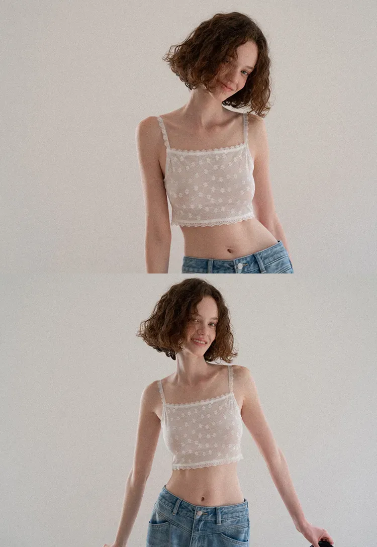 Lace Trim Cropped Floral Embroidered Tank Top