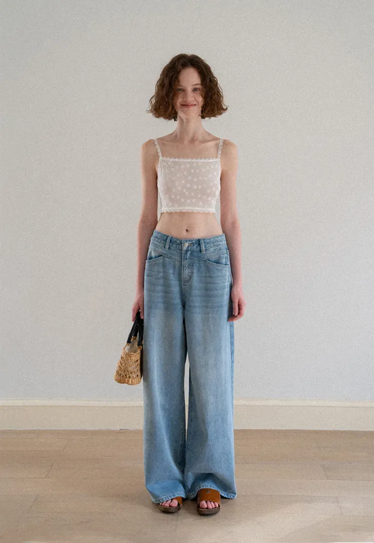 Lace Trim Cropped Floral Embroidered Tank Top