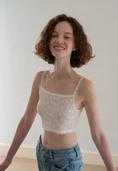Lace Trim Cropped Floral Embroidered Tank Top