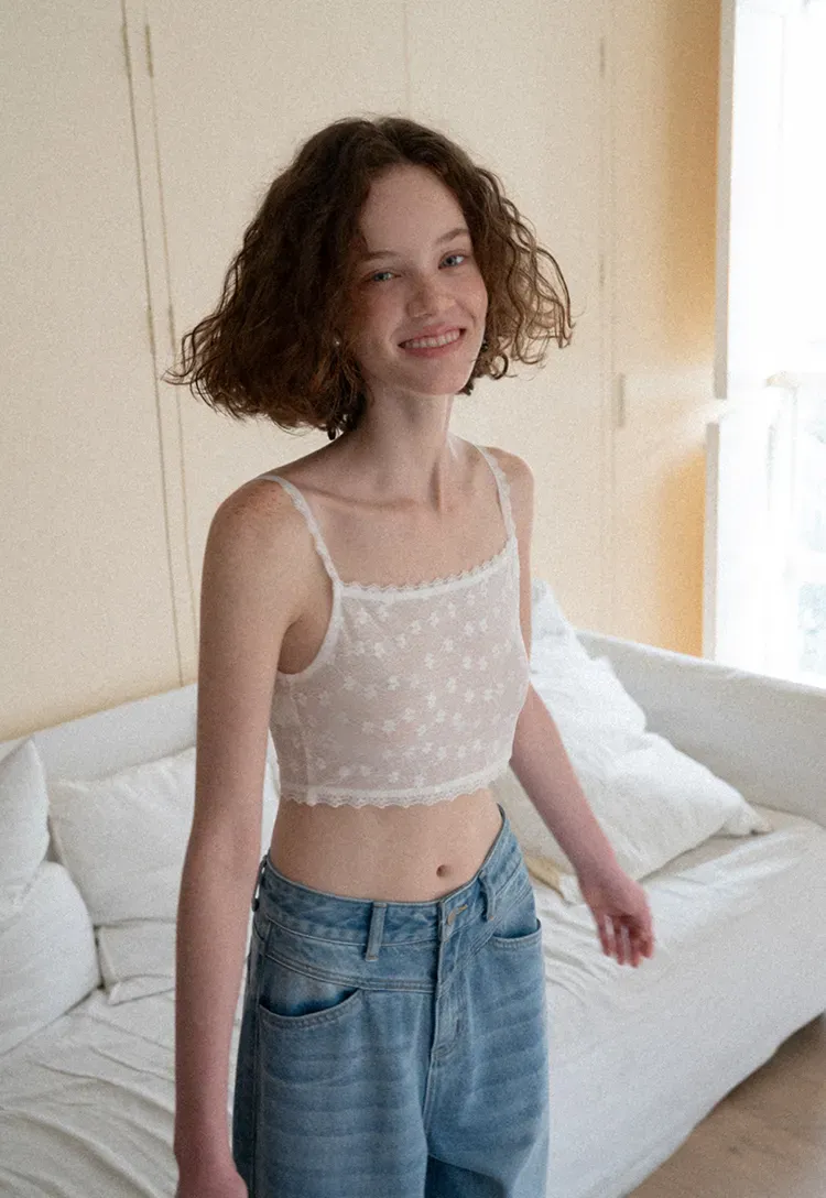 Lace Trim Cropped Floral Embroidered Tank Top