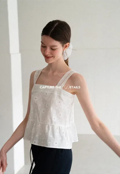 Lace Trim Square Neck Embroidered Tank Top