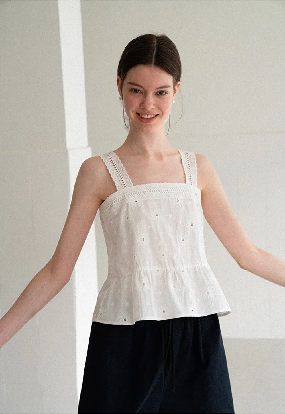 Lace Trim Square Neck Embroidered Tank Top