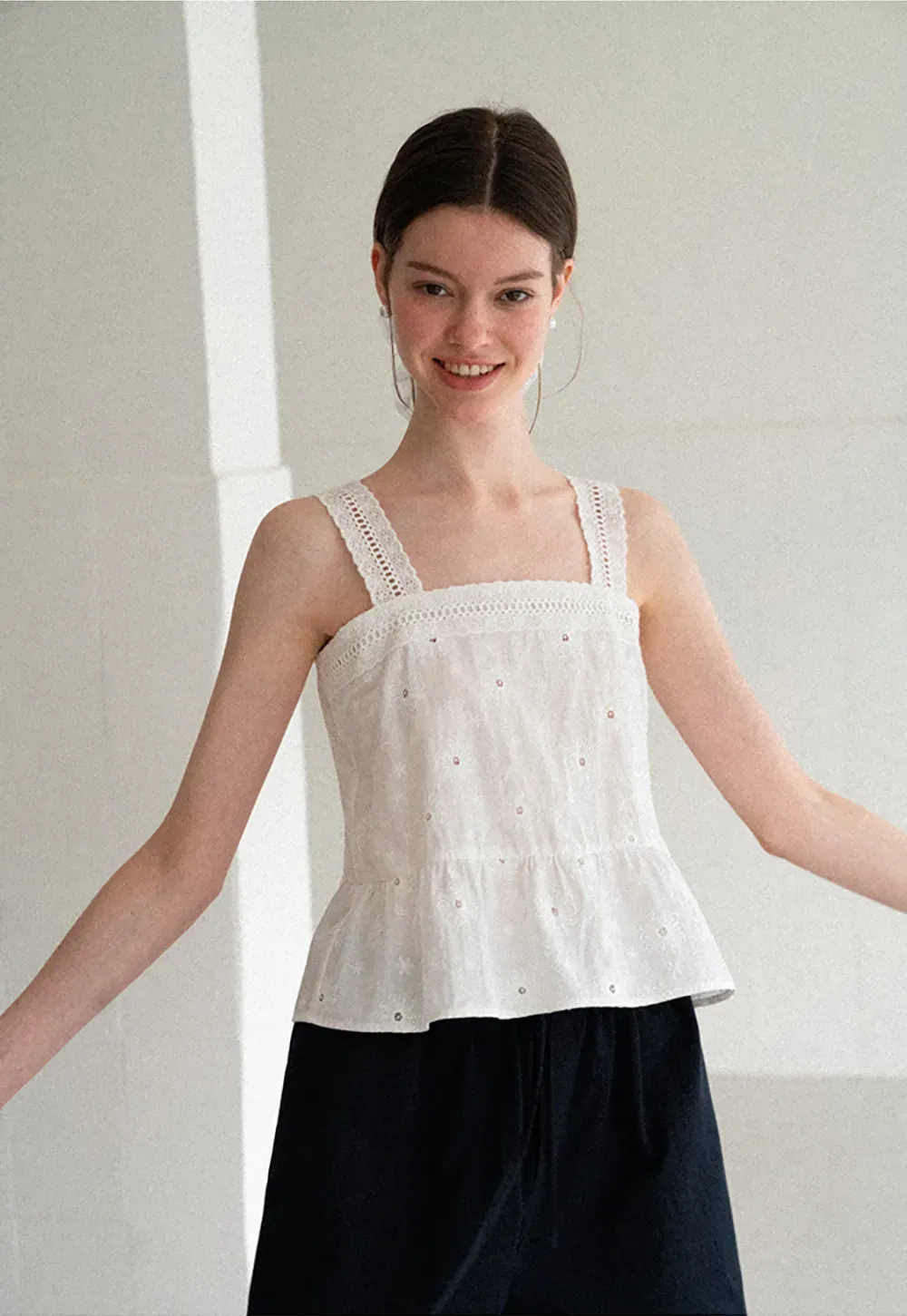 Lace Trim Square Neck Embroidered Tank Top