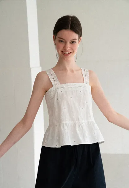 Lace Trim Square Neck Embroidered Tank Top
