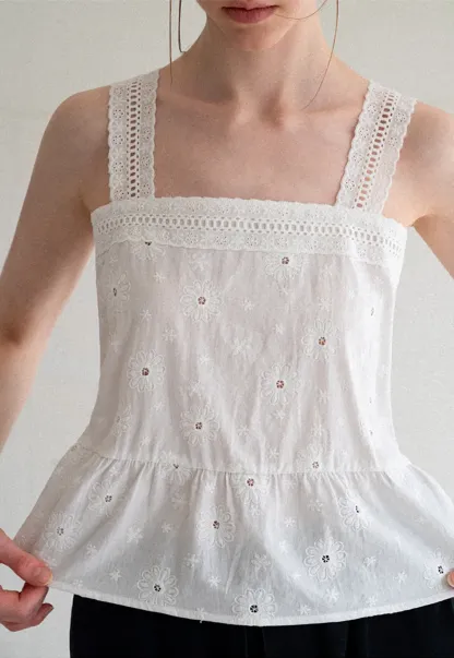 Lace Trim Square Neck Embroidered Tank Top
