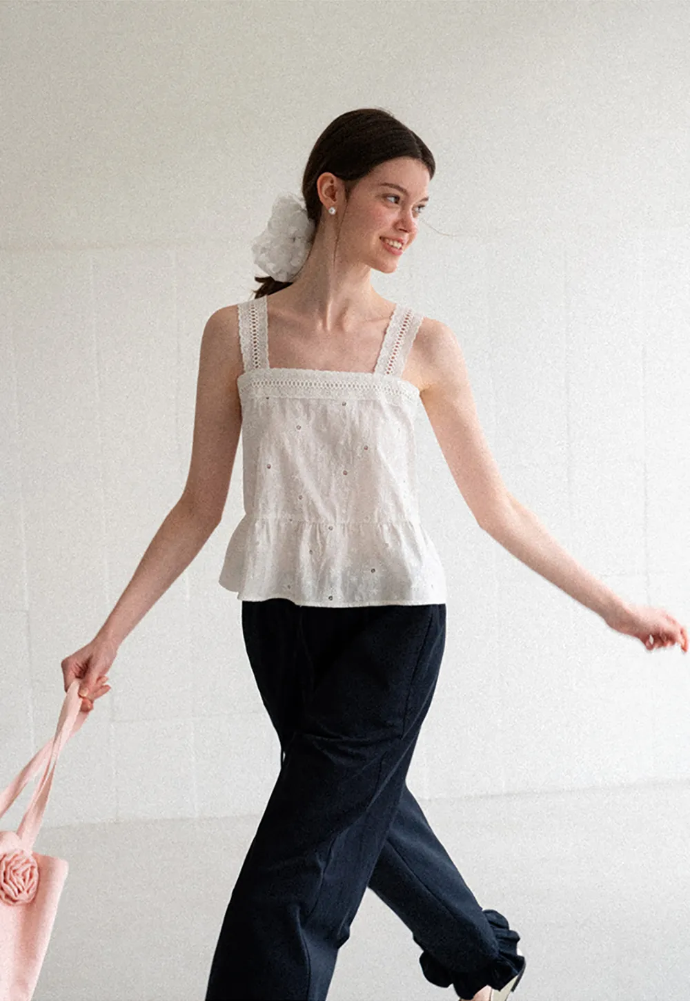 Lace Trim Square Neck Embroidered Tank Top