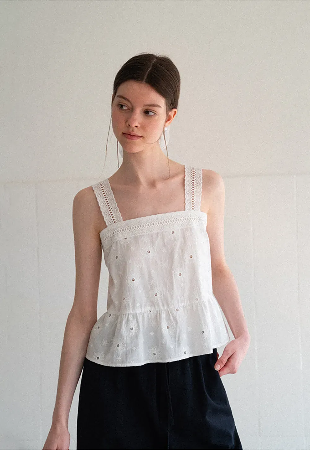 Lace Trim Square Neck Embroidered Tank Top