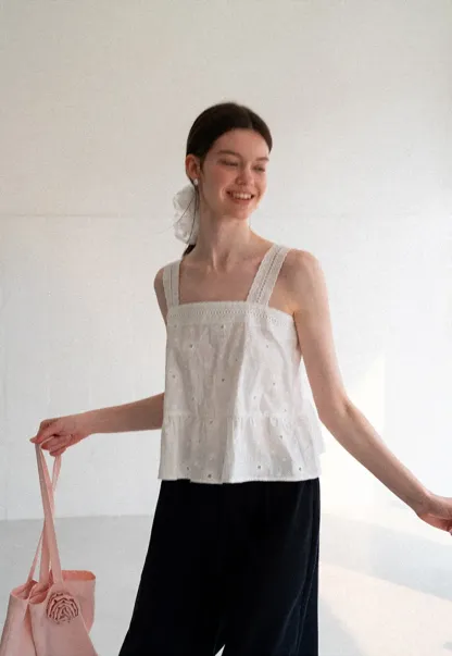 Lace Trim Square Neck Embroidered Tank Top