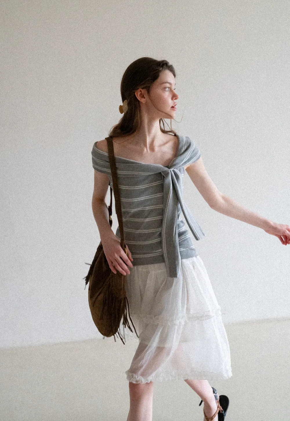 Off Shoulder Knotted Striped Ribbed Knit Tank Top