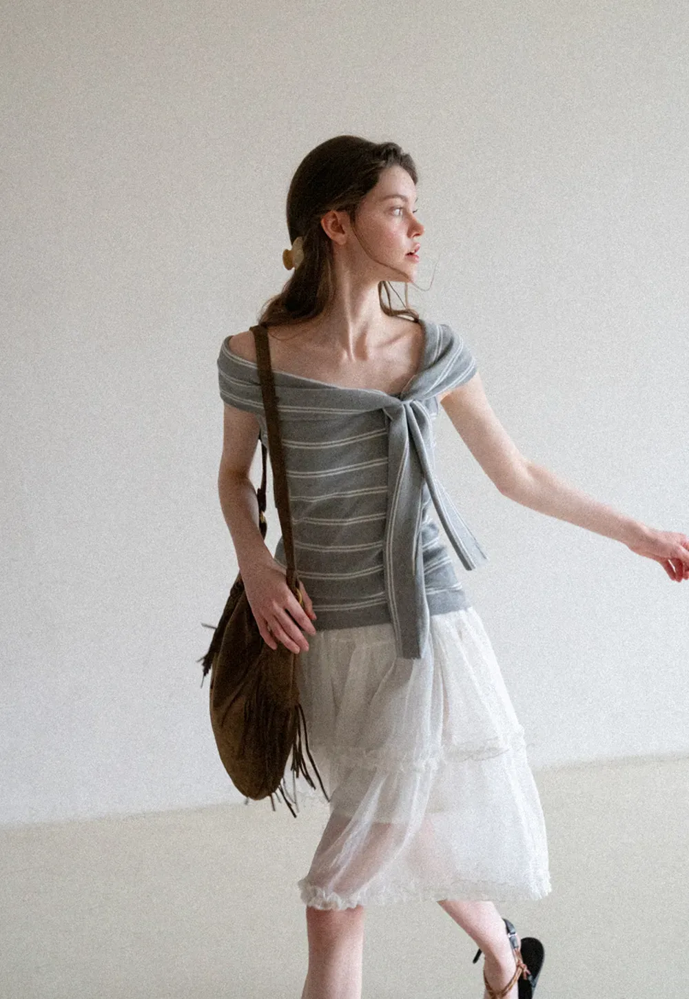 Off Shoulder Knotted Striped Ribbed Knit Tank Top